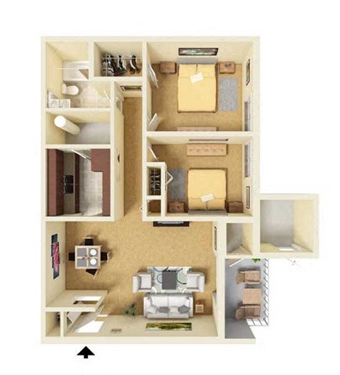Floor plan for 2 beds, 1 bath, 639 sqft